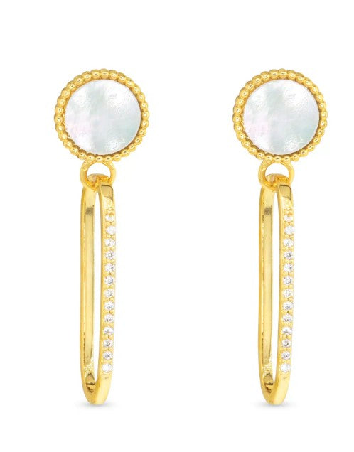 Gold CZ & Mother Of Pearl Disk Drop Earrings