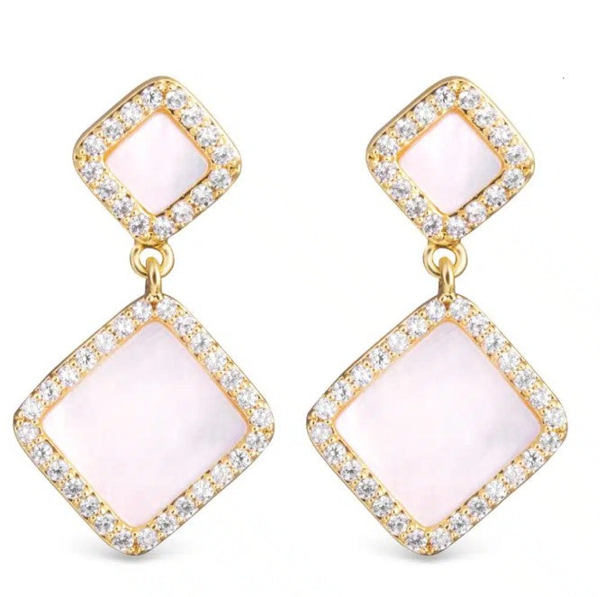 Gold Mother of Pearl and CZ Double Diamond Shaped Drop Earrings