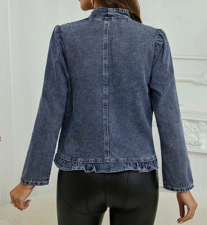 Crop Open Ruffle Denim Jacket