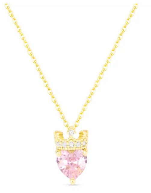Gold Pink Heart with Crown Necklace