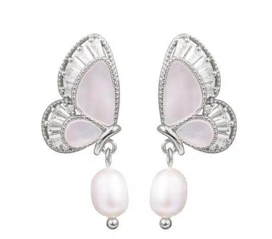 Fancy CZ Pearl MOP Bufferfly Earrings – Silver