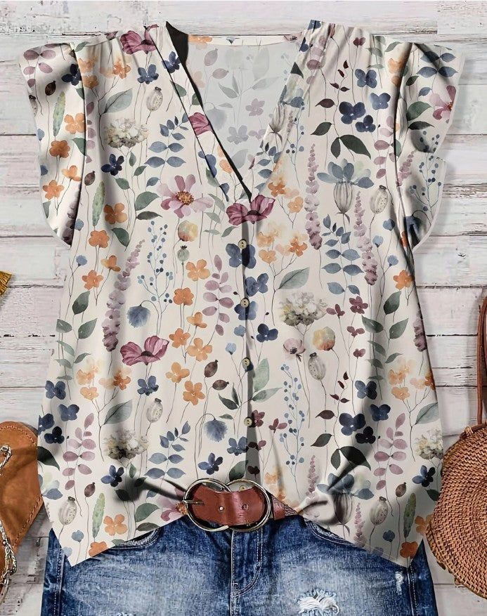Flutter Sleeve Water Color Floral Leopard V-Neck