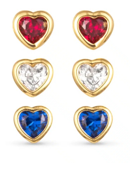 Gold Red White Blue CZ Hearts Stud Trio Earrings | 4th of July Jewelry
