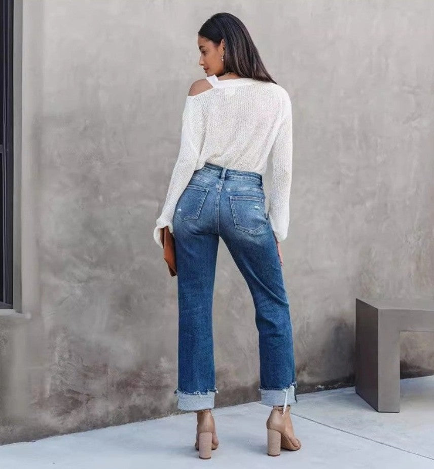 High-waisted Wide Leg Jeans with Turn-Up Hem