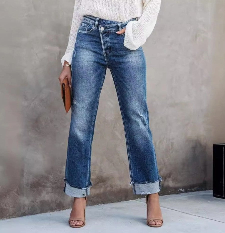 High-waisted Wide Leg Jeans with Turn-Up Hem