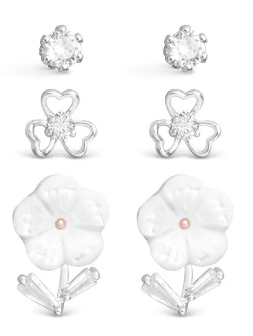 Mother of Pearl Flower and Studs Earring Set – Silver