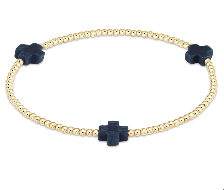 Signature Cross Small Gold Pattern 2MM Bead Bracelet -Navy