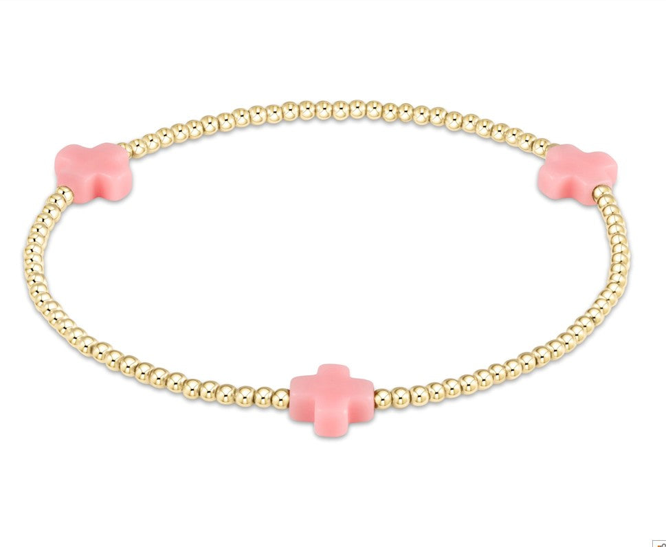 Signature Cross Small Gold Pattern 2MM Bead Bracelet -Pink