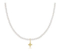 15" Chocker Classic Pearl 3mm Bead Necklace with Signature Gold Cross