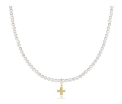 15" Chocker Classic Pearl 3mm Bead Necklace with Signature Gold Cross