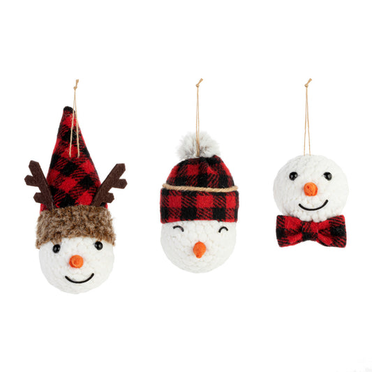 Plaid Snowman Head Ornaments - 3 Assorted