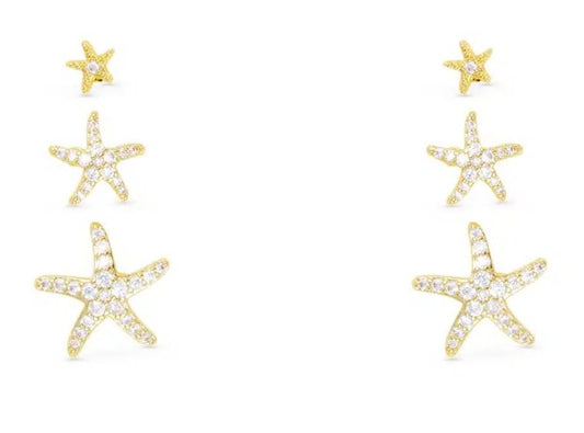 Gold CZ Starfish Trio Earrings