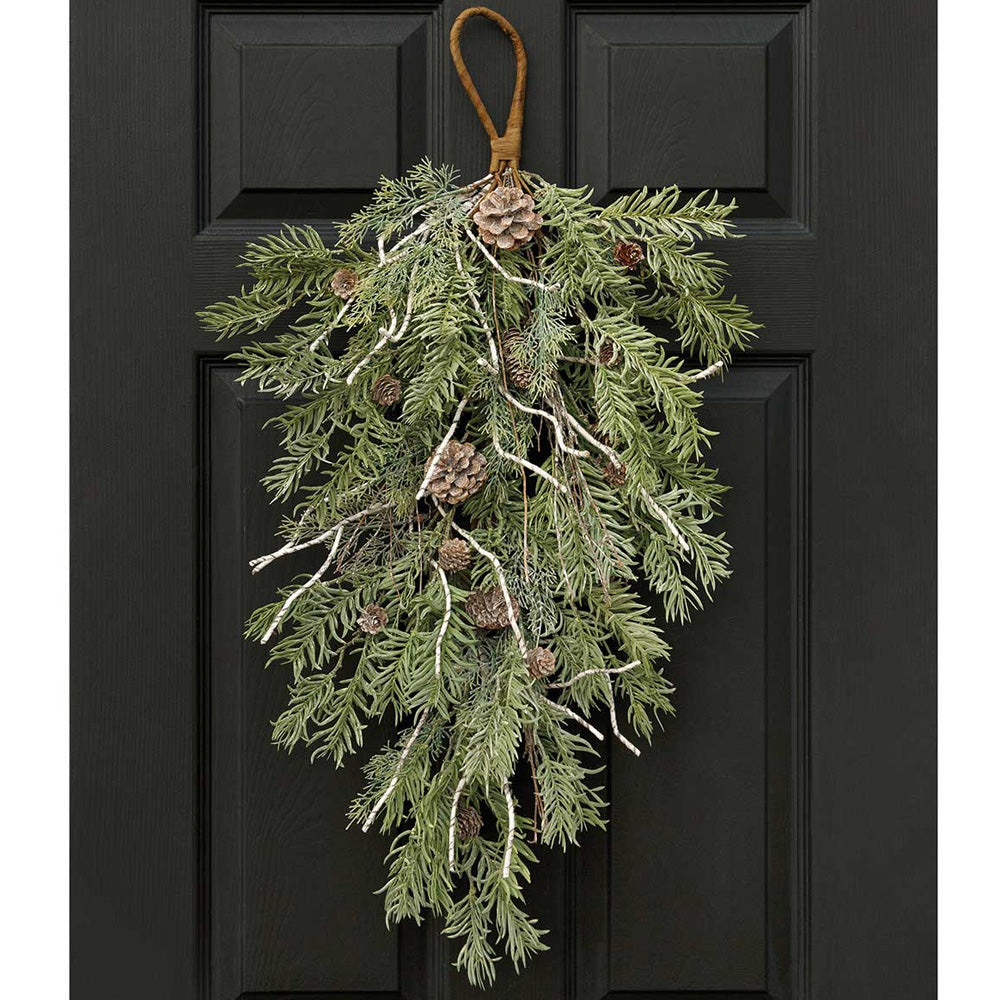 Wire Faux Birch Bough/Swag with Pine Bush and Whitewashed Pinecones