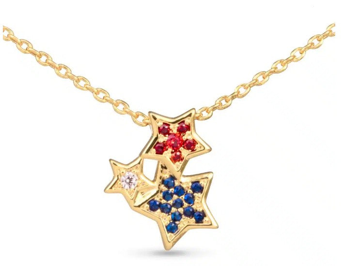 Gold Red White Blue Crystal Trio Stars Necklace | 4th of July Jewelry