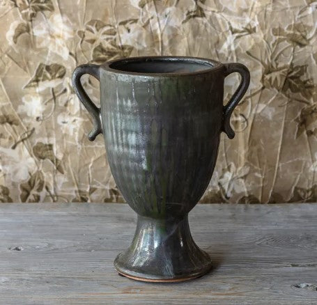 Aged Olive Glaze Pottery Trophy Vase