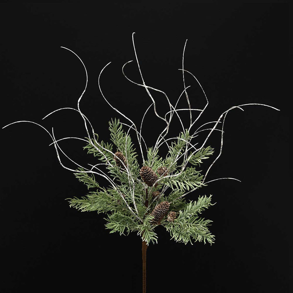 Wire Faux Birch Twig With Pine Bush and Whitewashed Pinecones